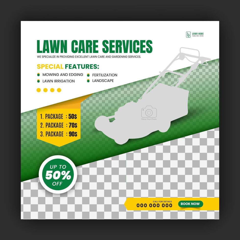 Agriculture and farming promotion with modern lawn mower garden or landscaping service social media cover design, abstract green and yellow square web banner, post template flyer vector