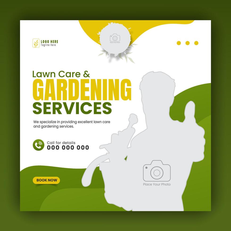Modern lawn care garden or landscaping service for social media cover or post design template, organic food and agriculture web banner with abstract green gradient and yellow color shapes vector