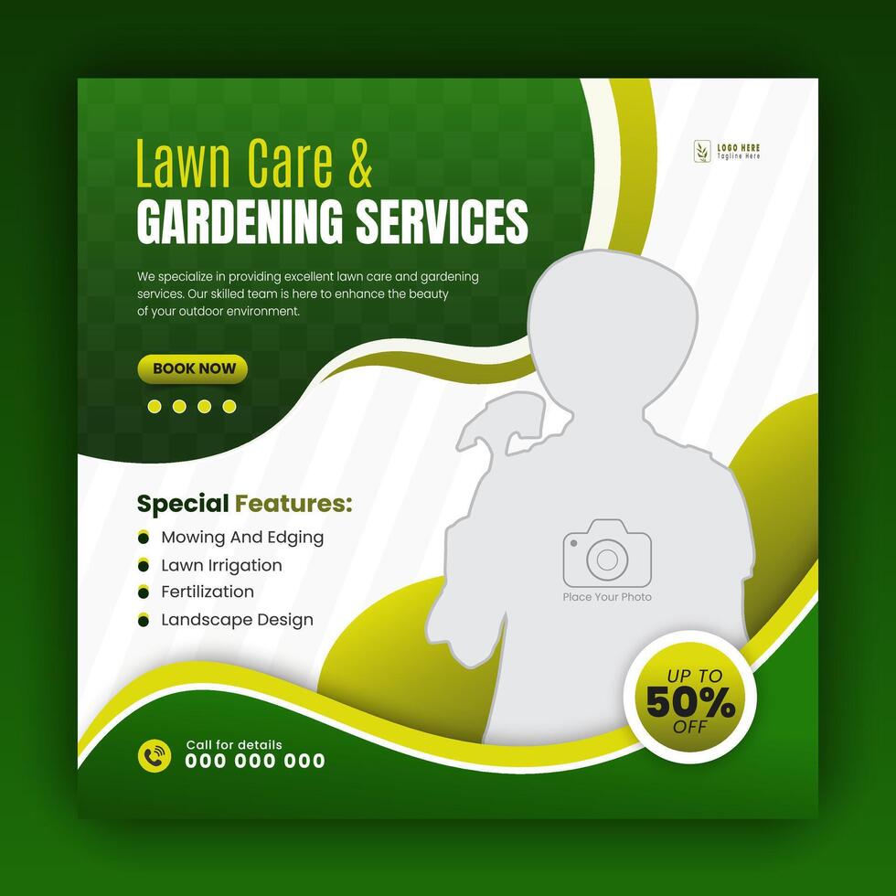 Modern lawn mower garden or landscaping service social media cover design, farming and agriculture promotion with abstract green and yellow web banner, post template flyer leaflet poster vector