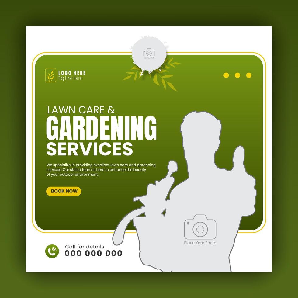 Modern lawn care garden or landscaping service for social media cover or post design template, organic food and agriculture web banner with abstract green gradient and yellow color shapes vector