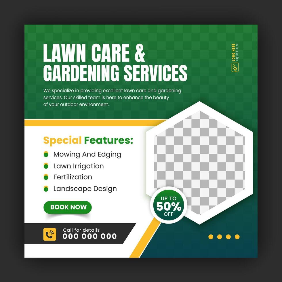 Agriculture and farming promotion with modern lawn mower garden or landscaping service social media cover design, abstract green and yellow square web banner, post template flyer vector