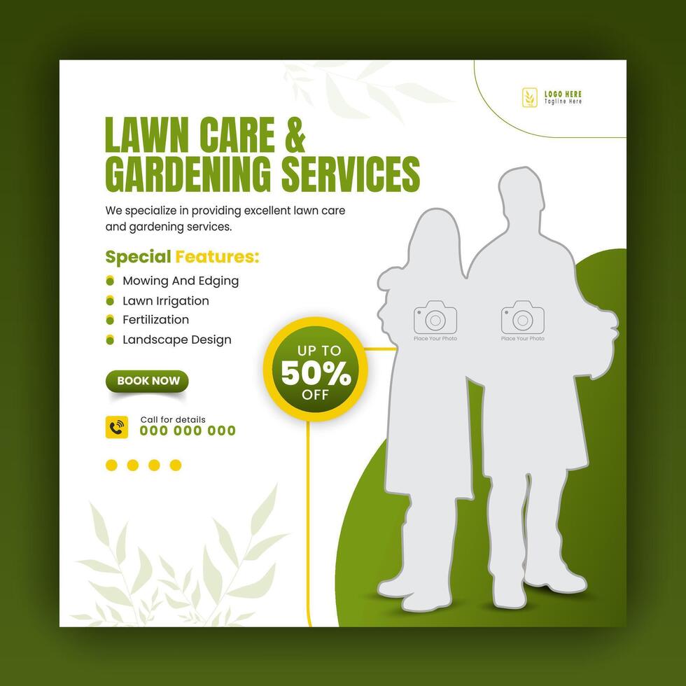 Modern lawn care garden or landscaping service for social media cover or post design template, organic food and agriculture web banner with abstract green gradient and yellow color shapes vector