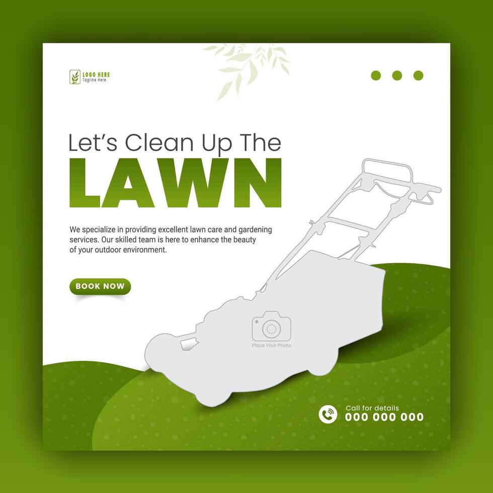 Modern lawn care garden or landscaping service for social media cover or post design template, organic food and agriculture web banner with abstract green gradient and yellow color shapes vector