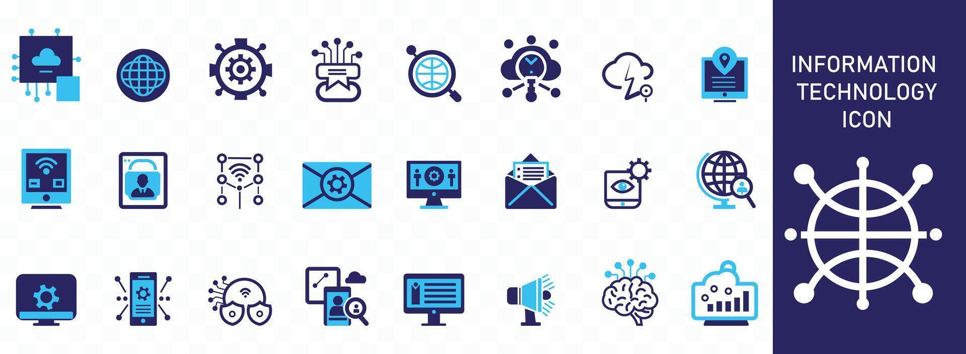 Information Technology icon set. Containing cloud computing, IT manager, big data, data analytics, internet, network security and more. Solid icons collection. vector