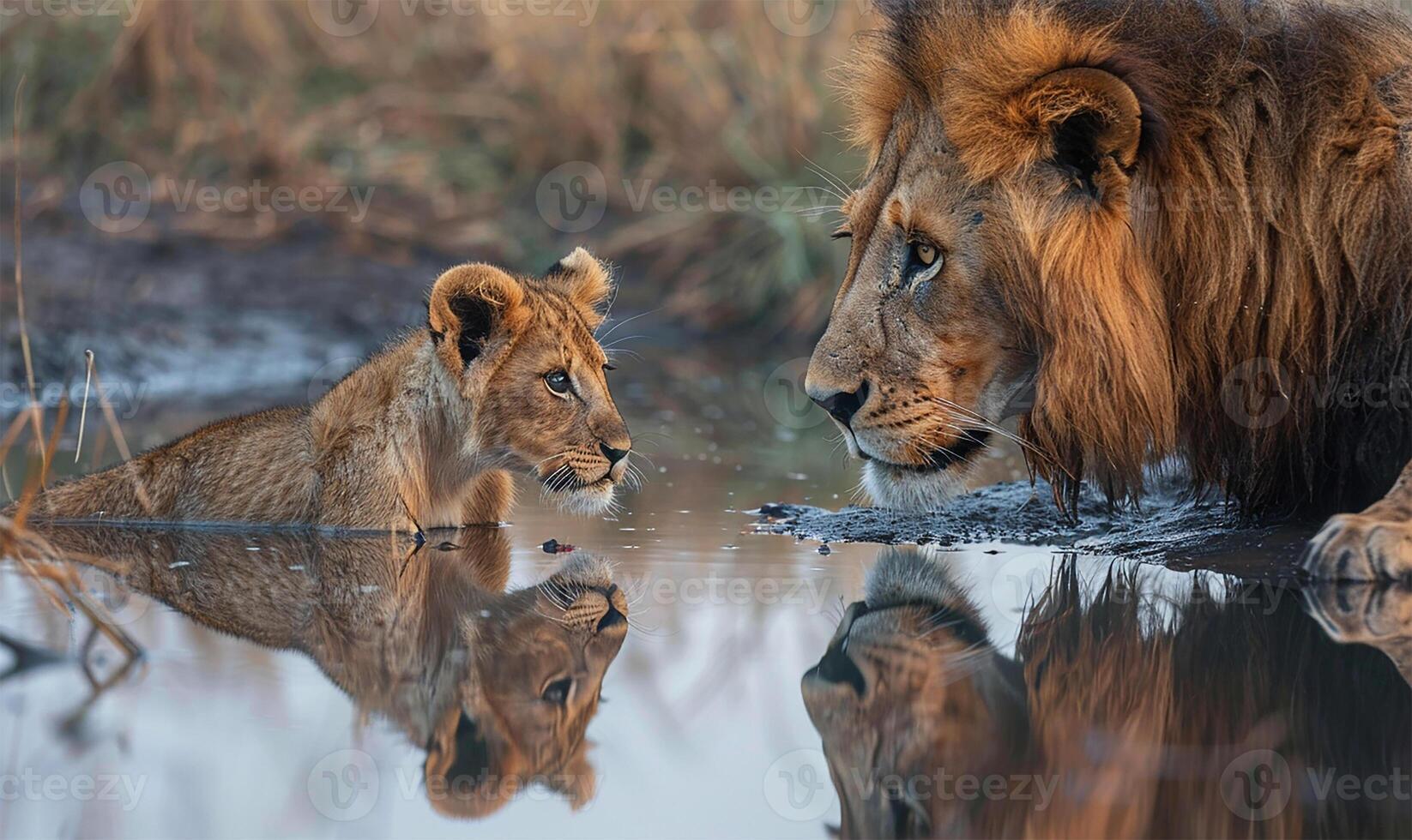 Cub captivated by reflection photo