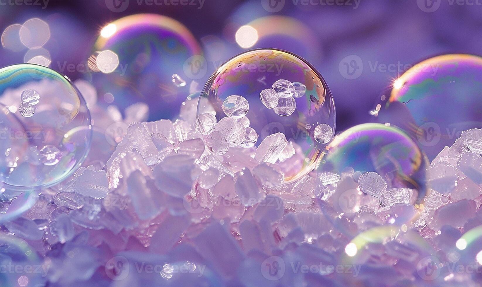 Iridescent soap bubbles trapped on crushed ice, reflecting a blurry purple surface photo