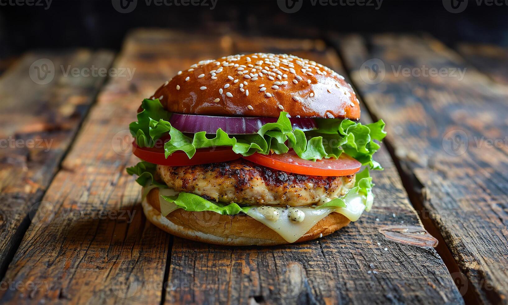 Chicken burger perfection, rustic setting photo