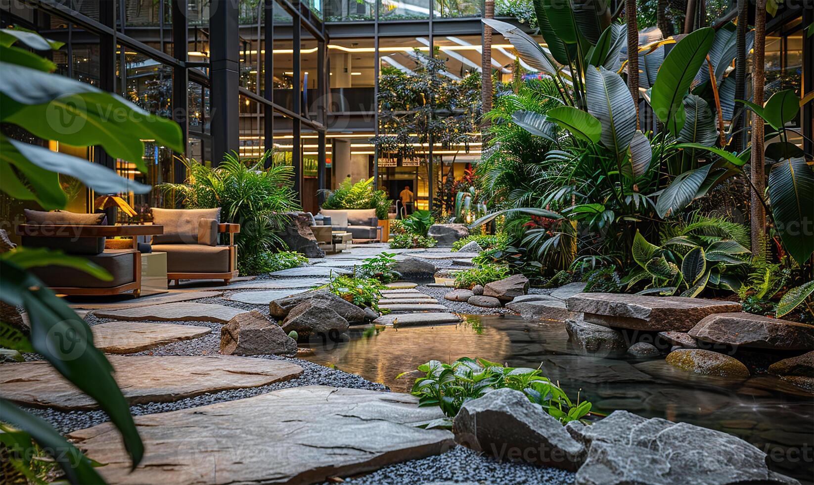 Indoor garden sanctuary with textured stonework, lush plants, and inviting seating photo