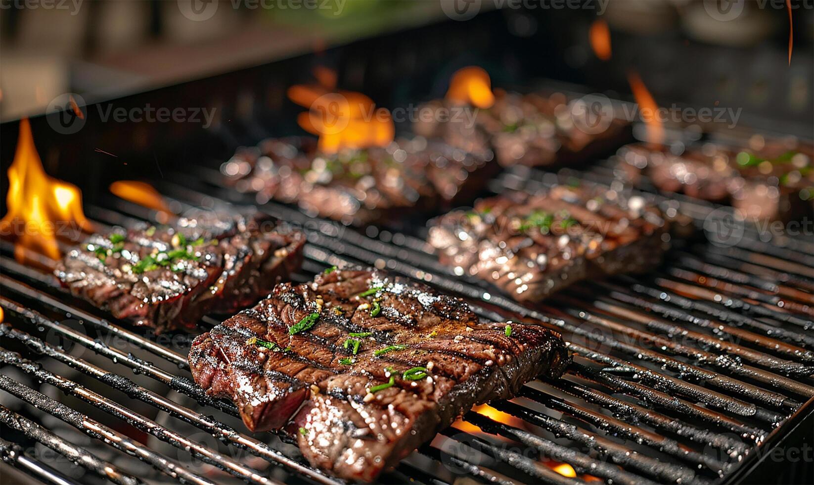 jugoso filetes besado por ardiente llamas transformar en un abrasador parrilla rallar foto