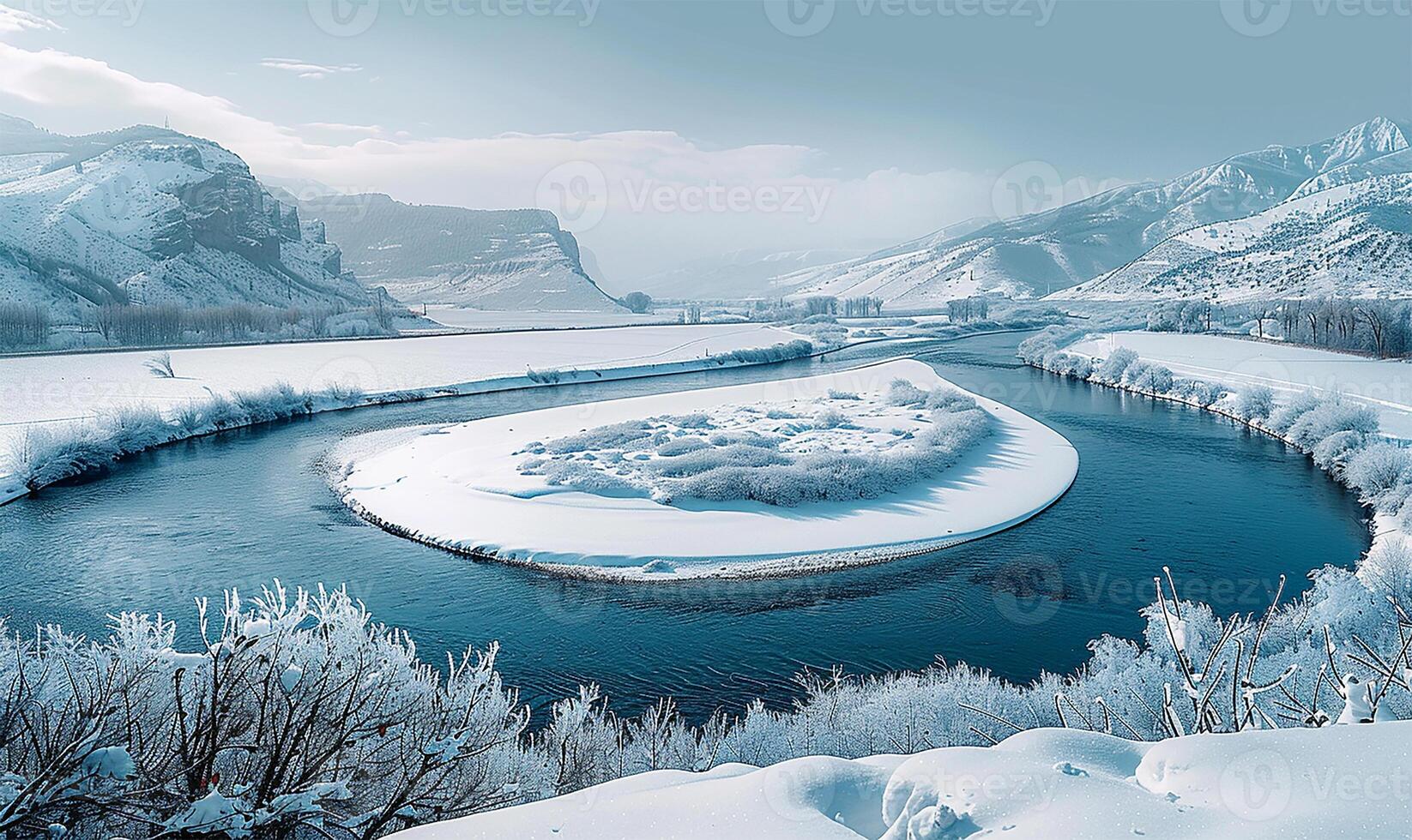 Winter wonderland, a river flowing amidst snow-covered peaks photo