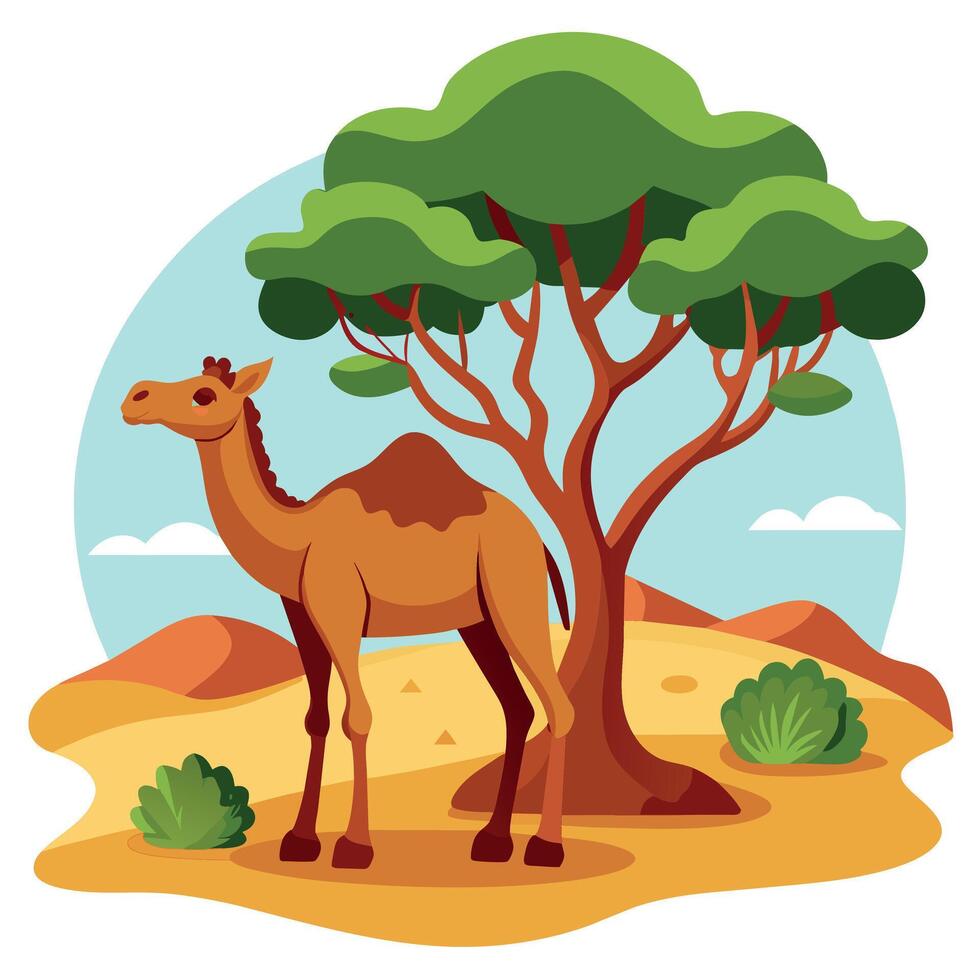 Camel On desert flat style 2d illustration vector