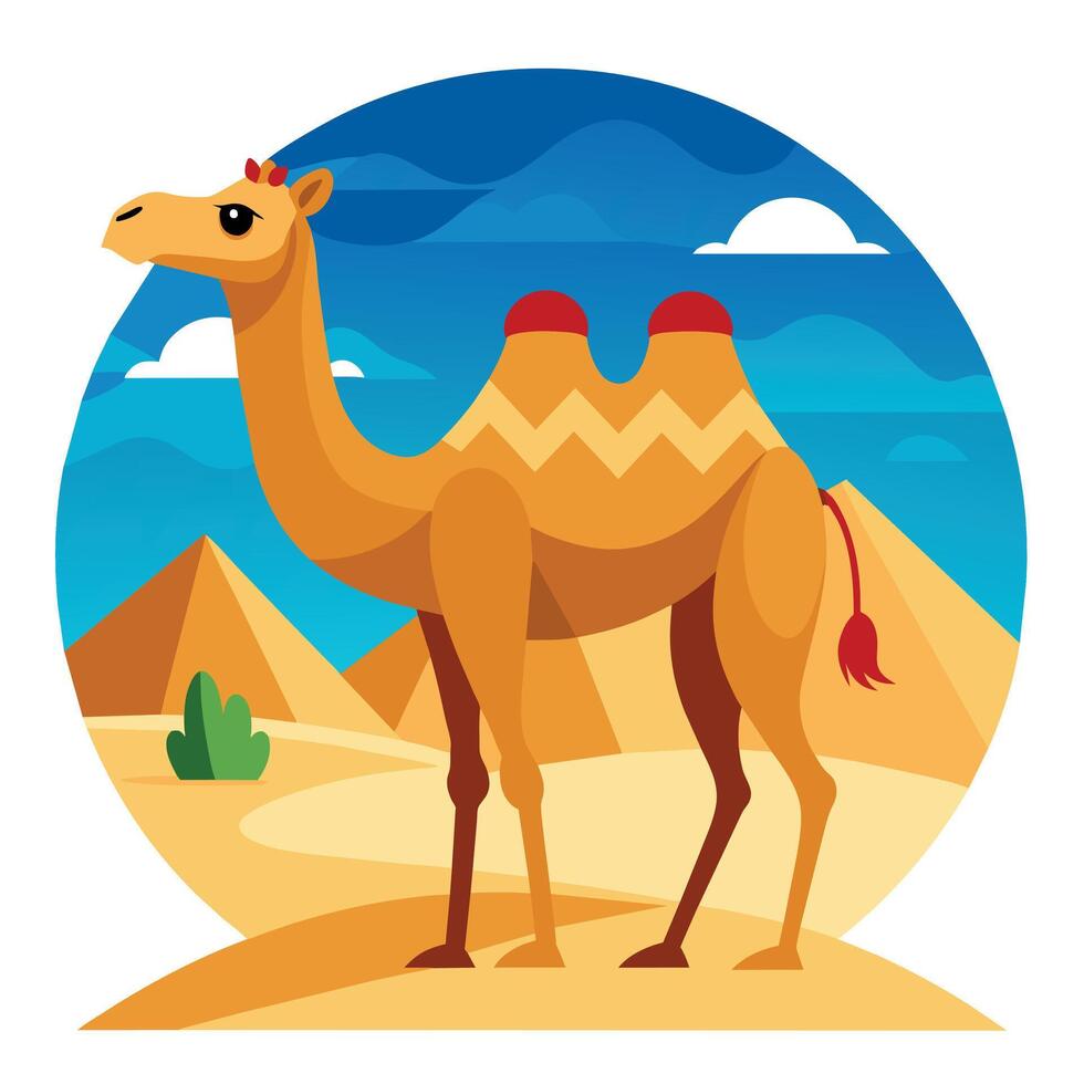 Camel On desert flat style 2d illustration vector