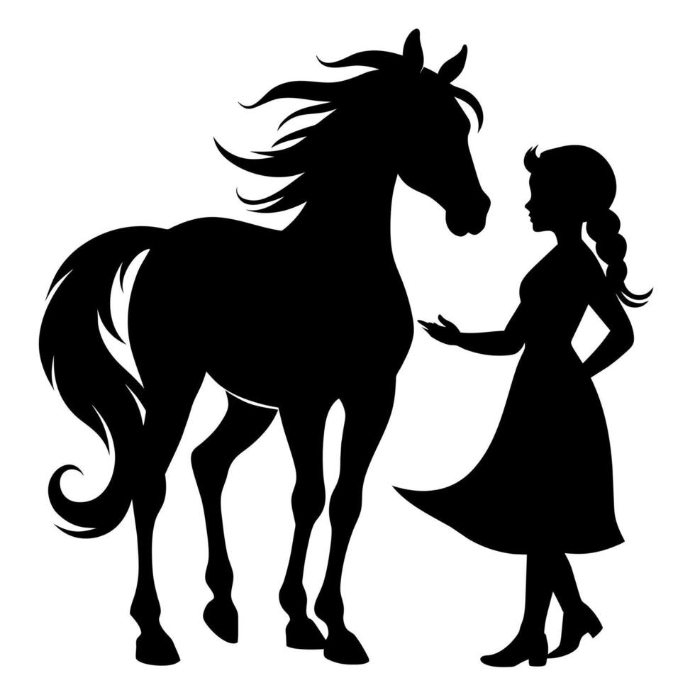 A child stand with a horse flat silhouette vector