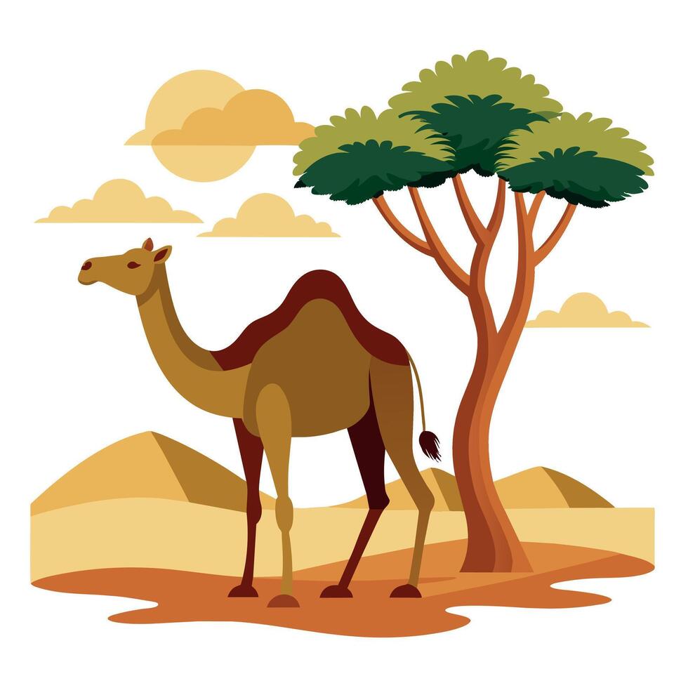 Camel On desert flat style 2d illustration vector