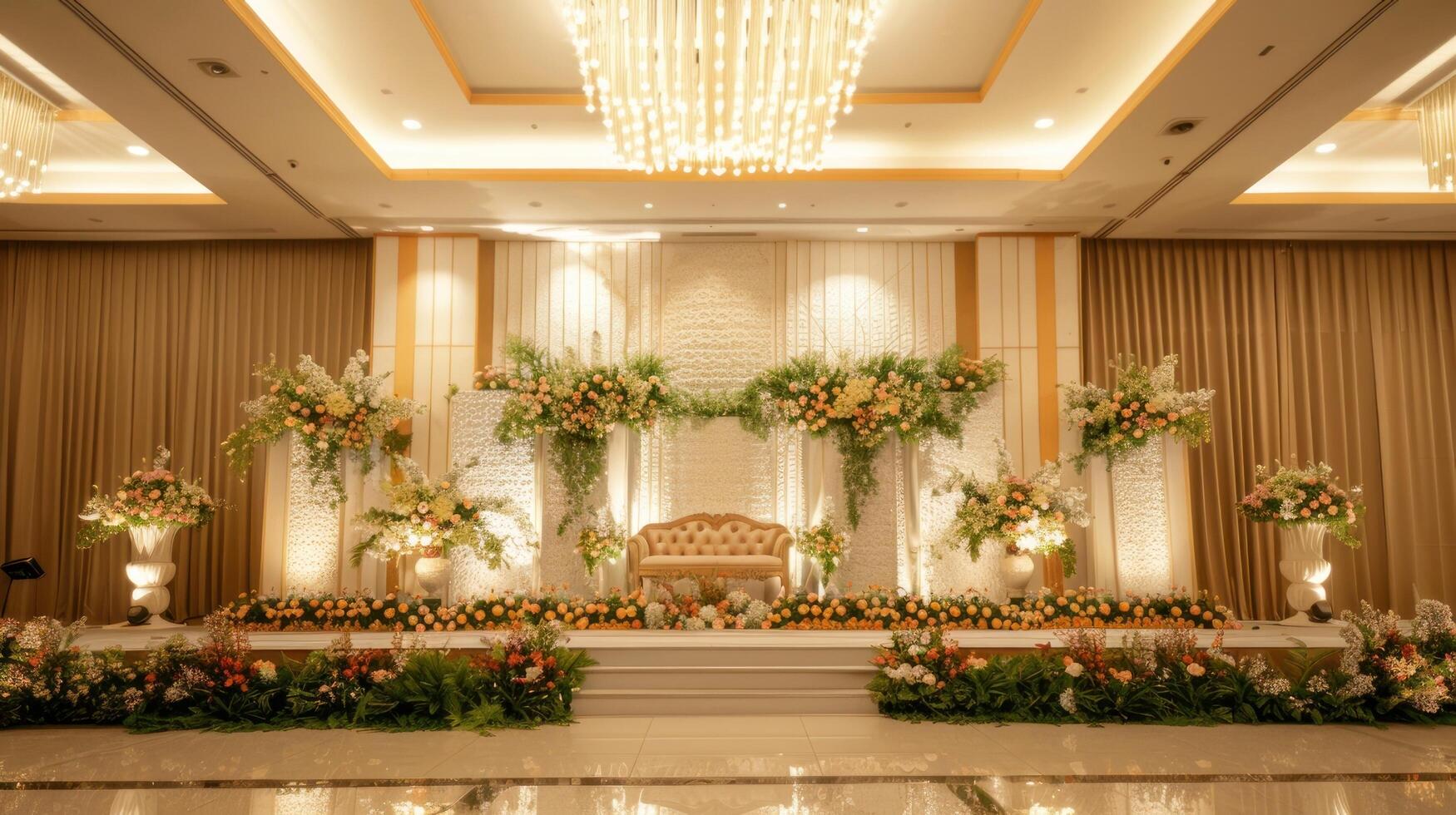 Wedding stage decoration background inside the building with elegant and beautiful flower decorations photo