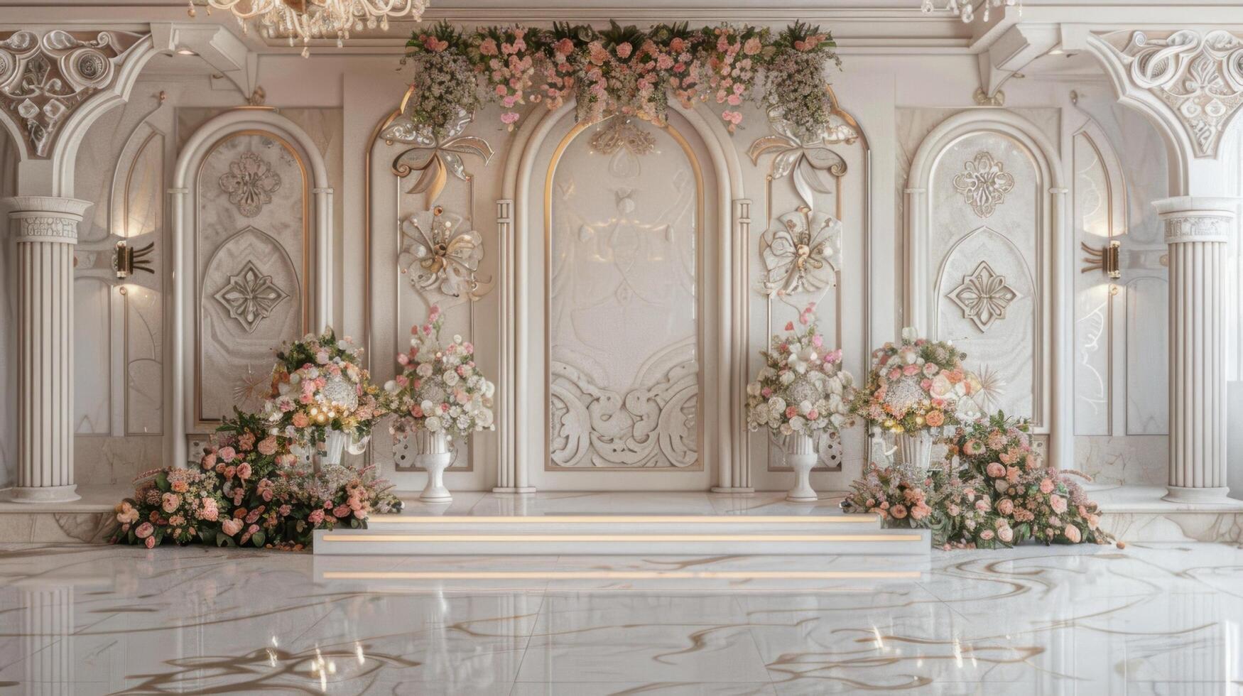 Wedding stage decoration background inside the building with elegant and beautiful flower decorations photo