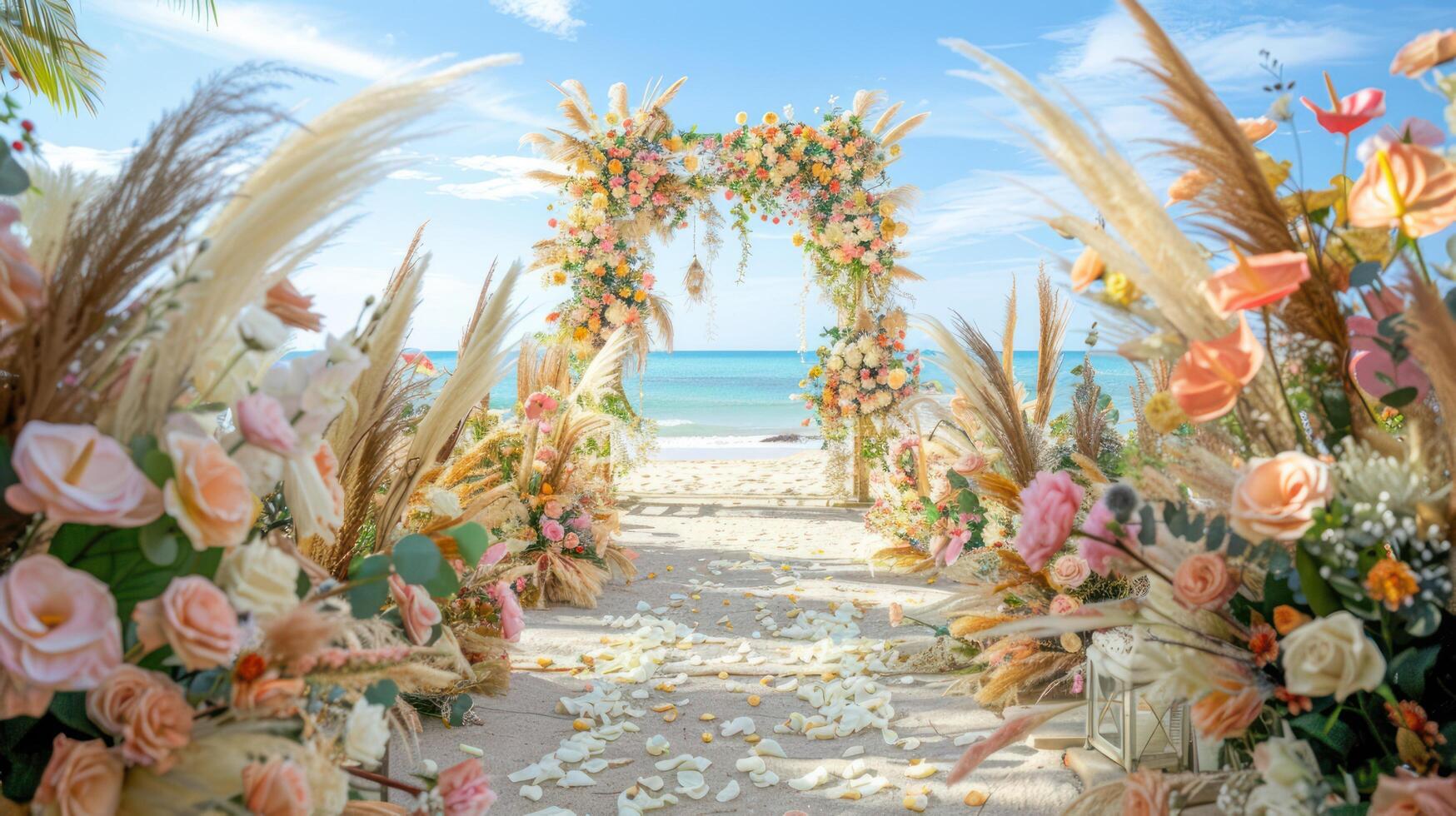 The backdrop for an open-air wedding on the beach filled with beautiful floral decorations and ornaments ai generate photo