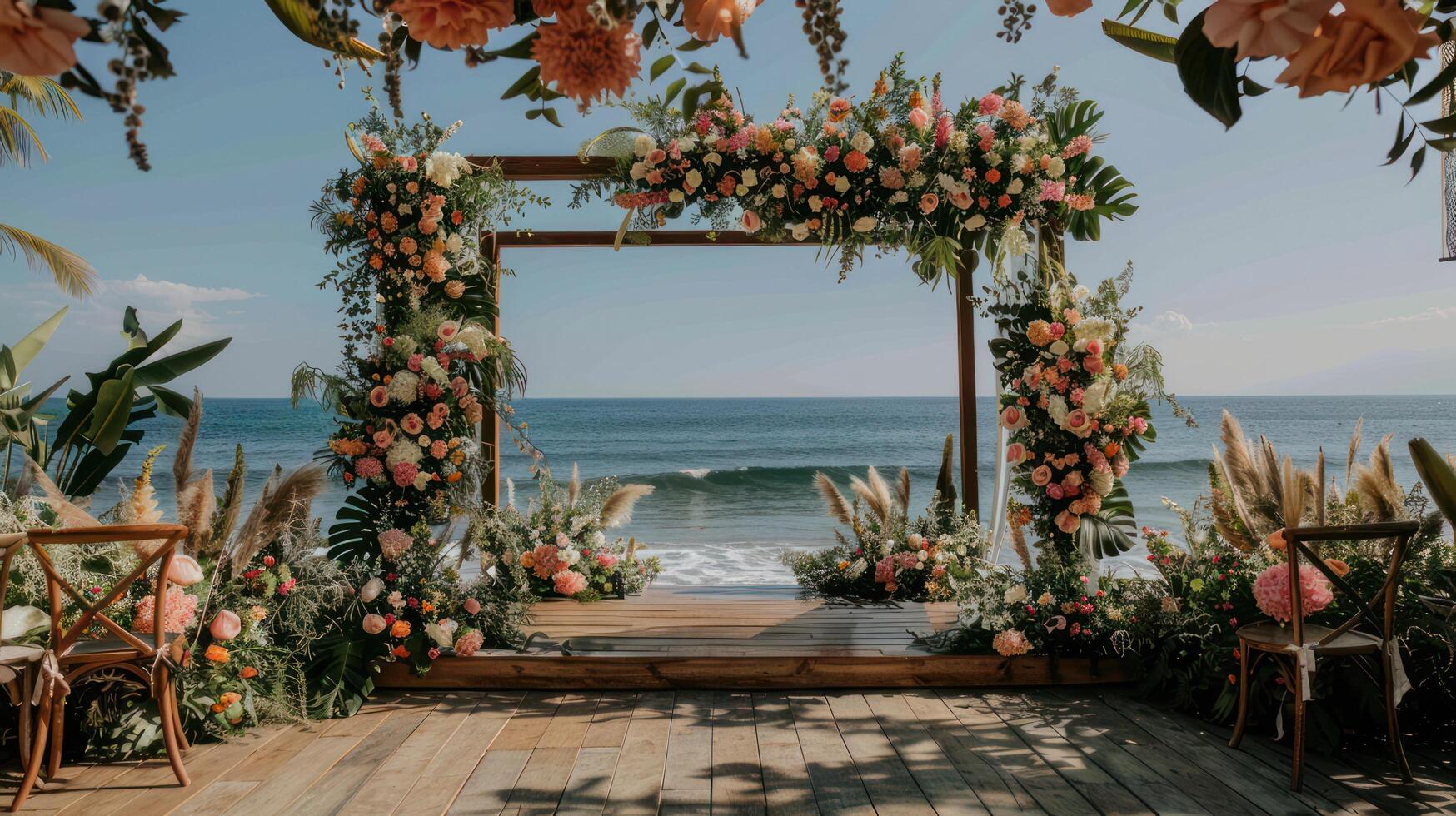 el fondo para un aire libre Boda en el playa lleno con hermosa floral decoraciones y adornos ai generar foto