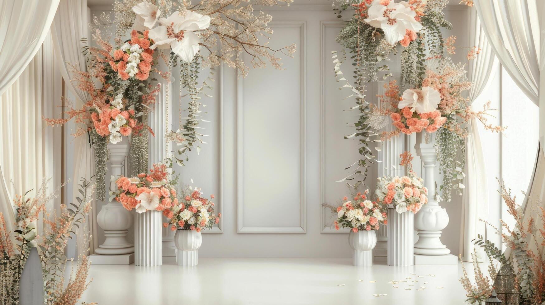 Wedding stage decoration background inside the building with elegant and beautiful flower decorations photo