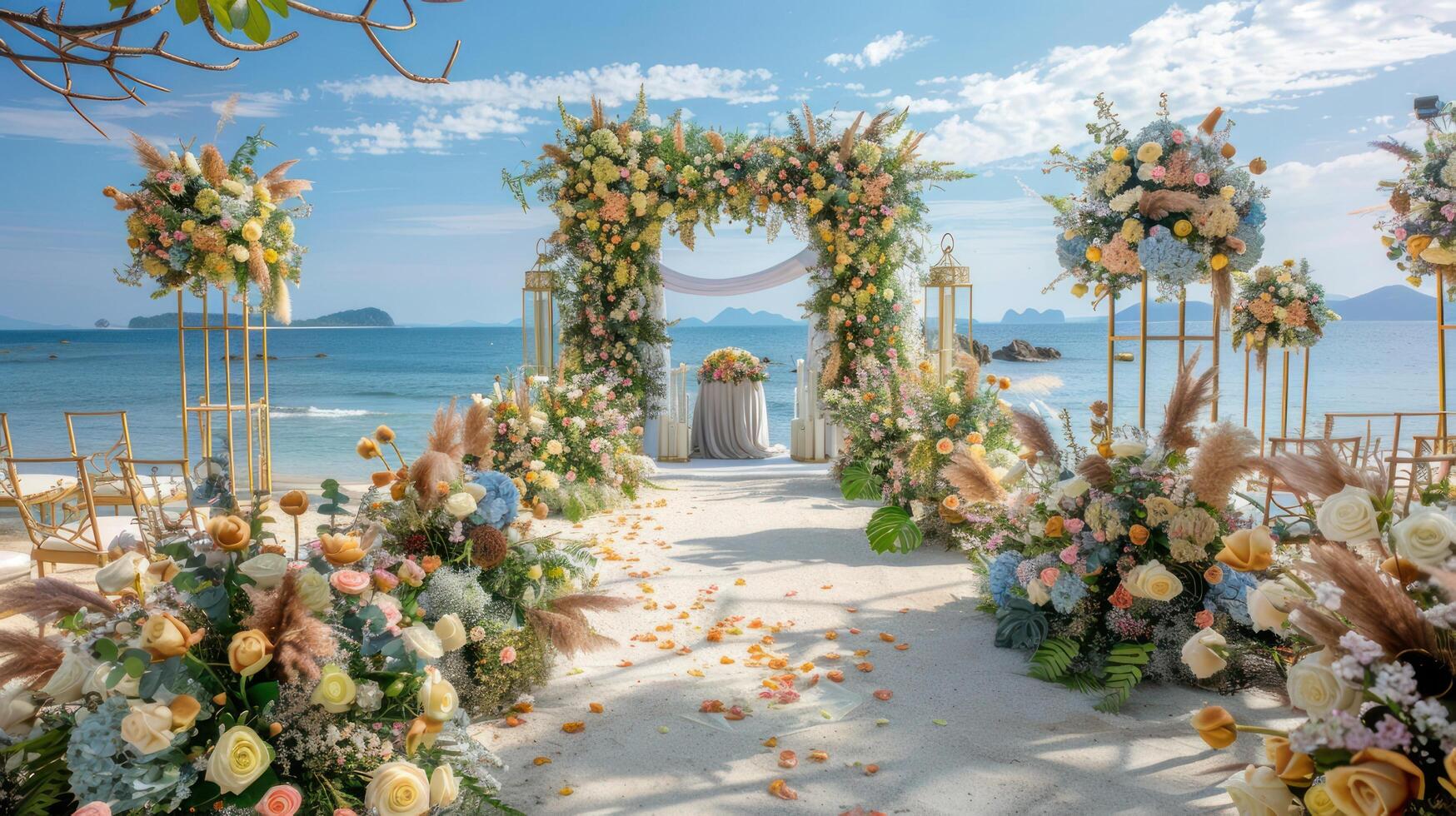 el fondo para un aire libre Boda en el playa lleno con hermosa floral decoraciones y adornos ai generar foto