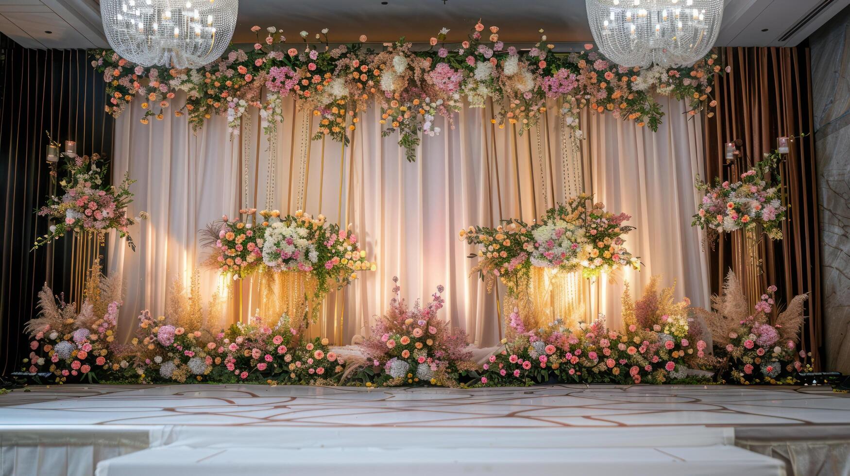 Wedding stage decoration background inside the building with elegant and beautiful flower decorations photo