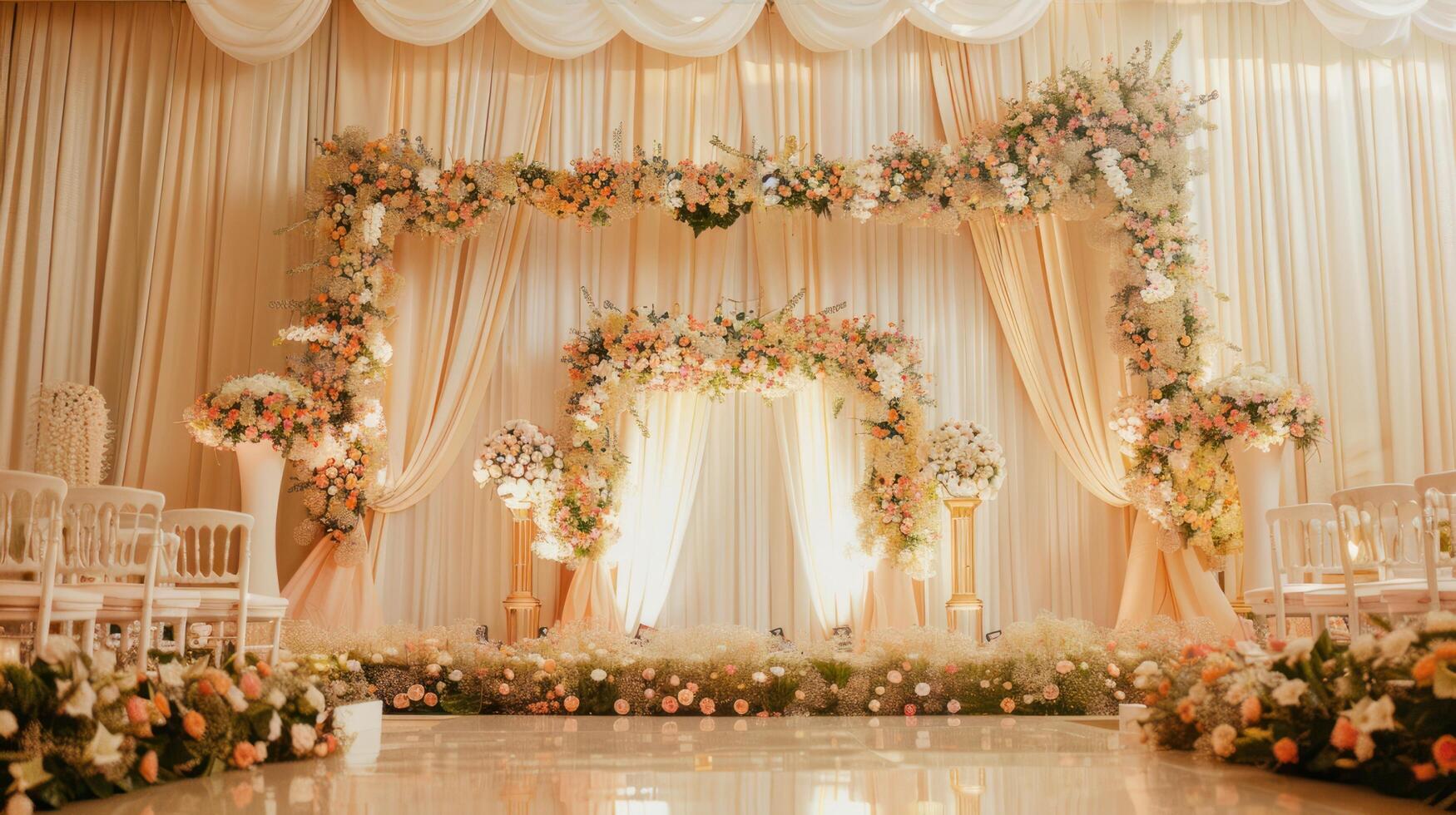 Wedding stage decoration background inside the building with elegant and beautiful flower decorations photo