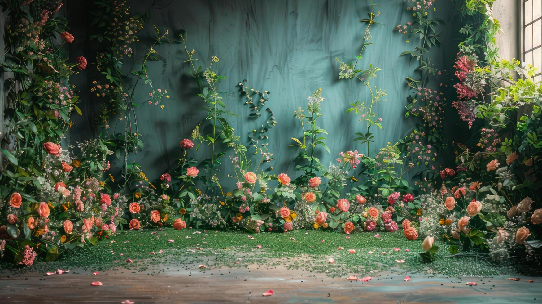The wedding background and room for studio photos are filled with beautiful flower decorations