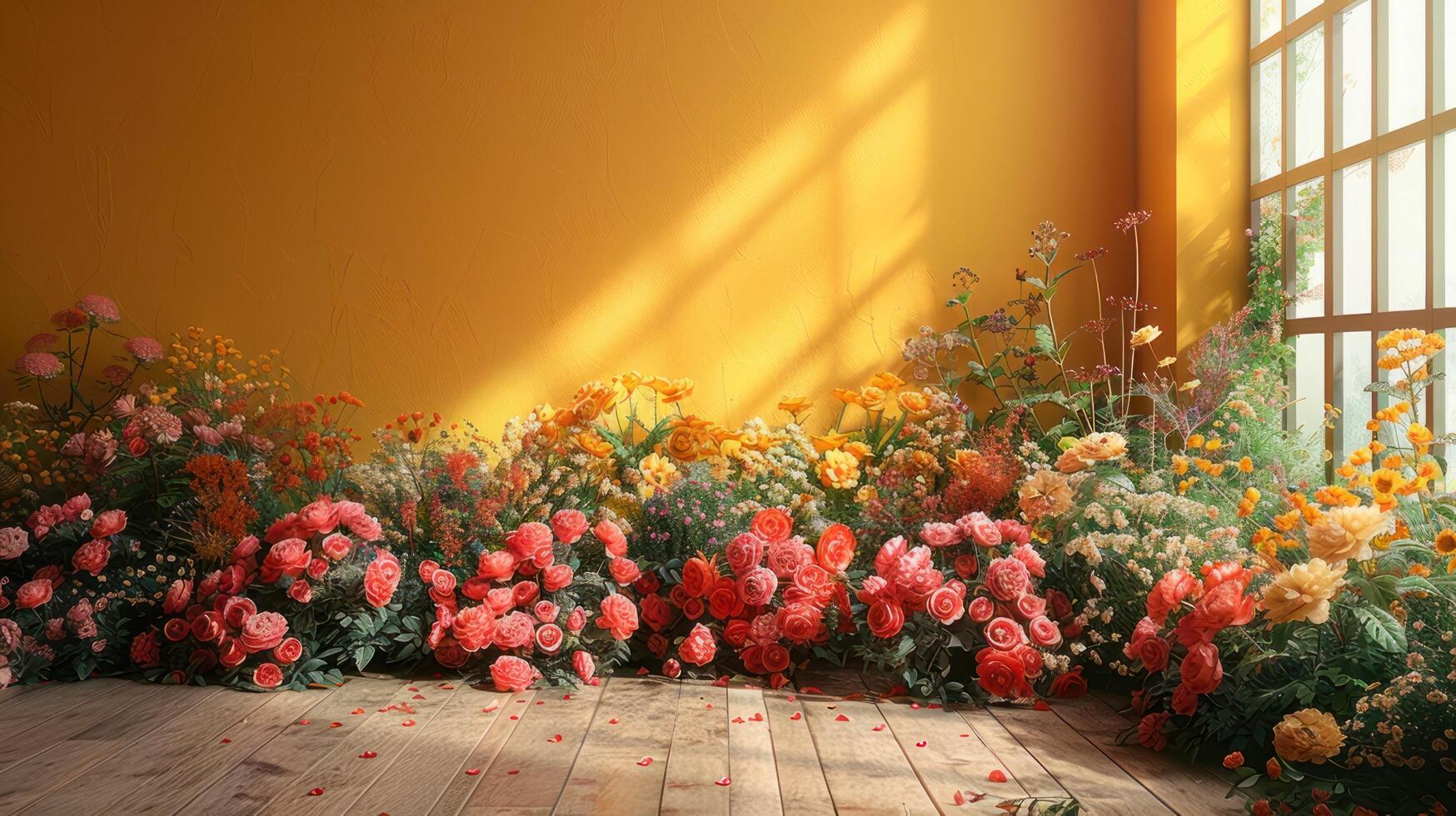 The wedding background and room for studio photos are filled with beautiful flower decorations