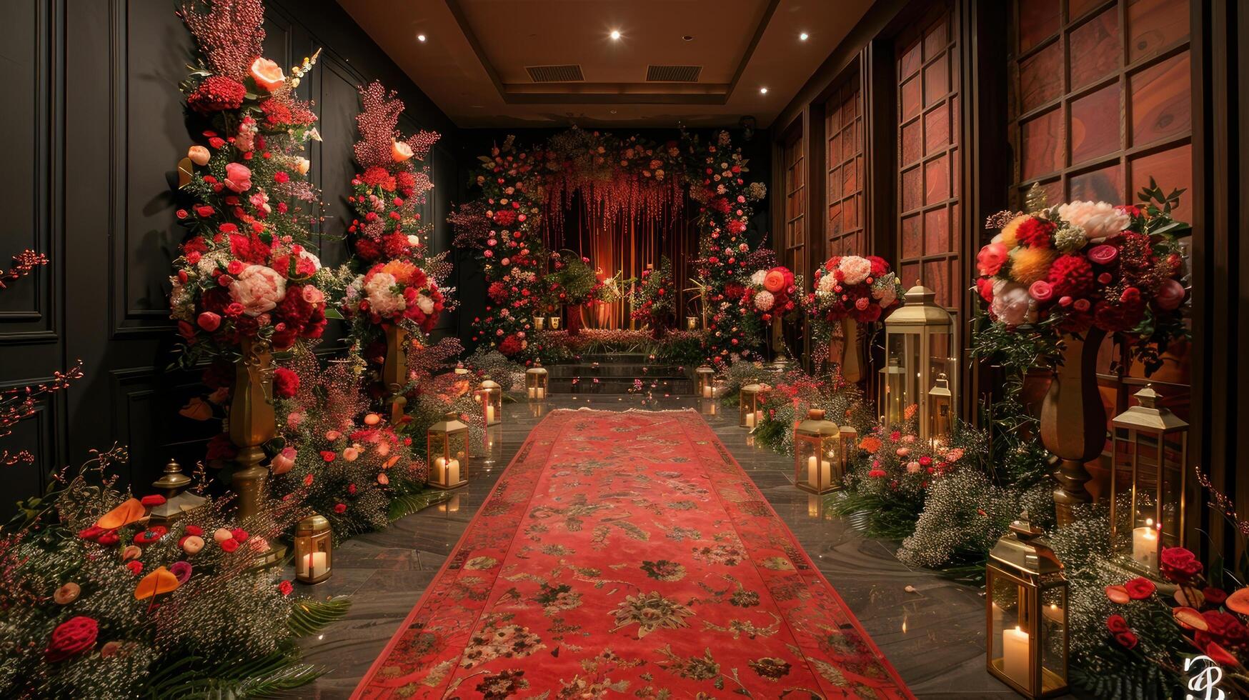 The wedding background and room for studio photos are filled with beautiful flower decorations