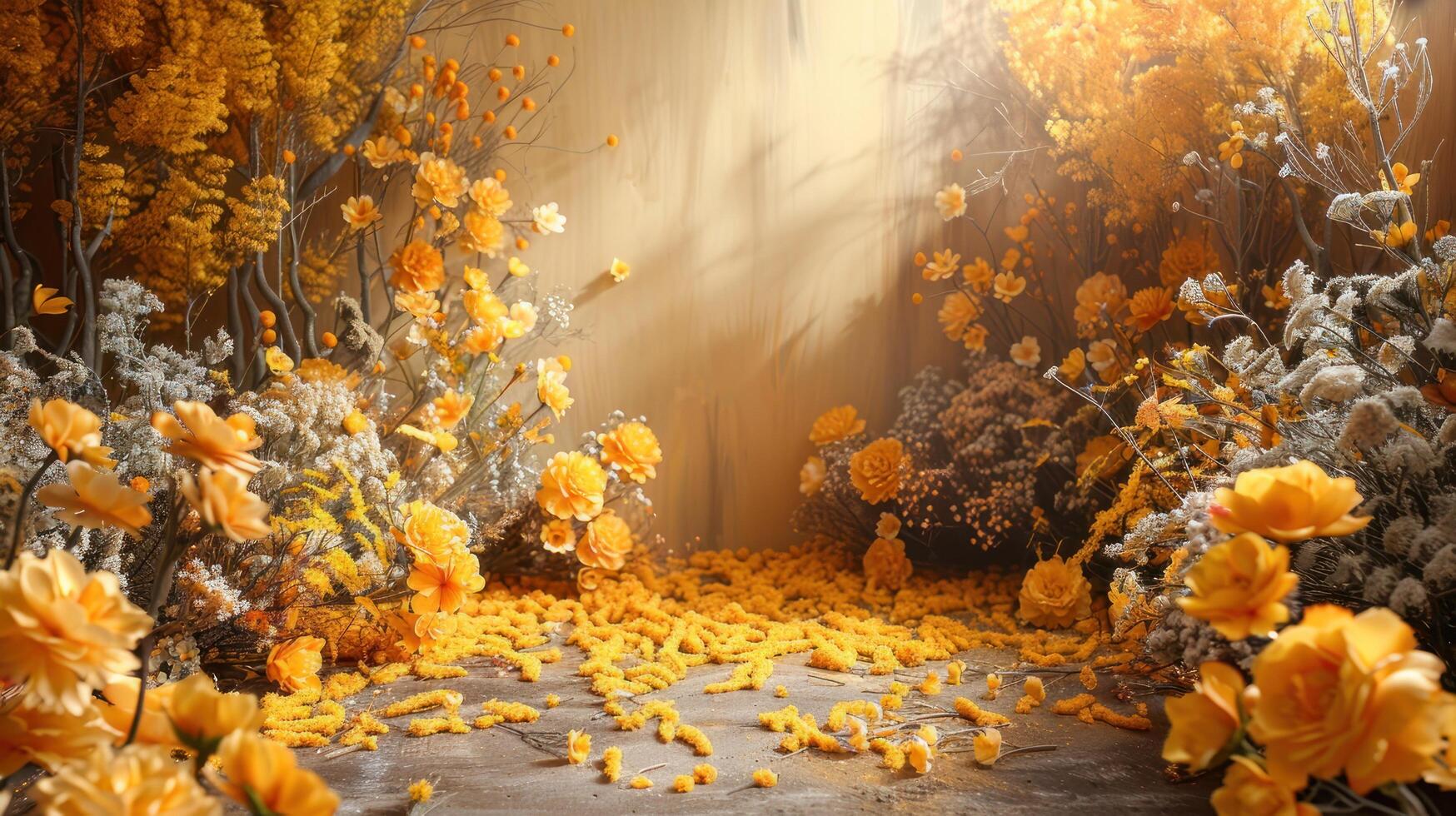 The wedding background and room for studio photos are filled with beautiful flower decorations