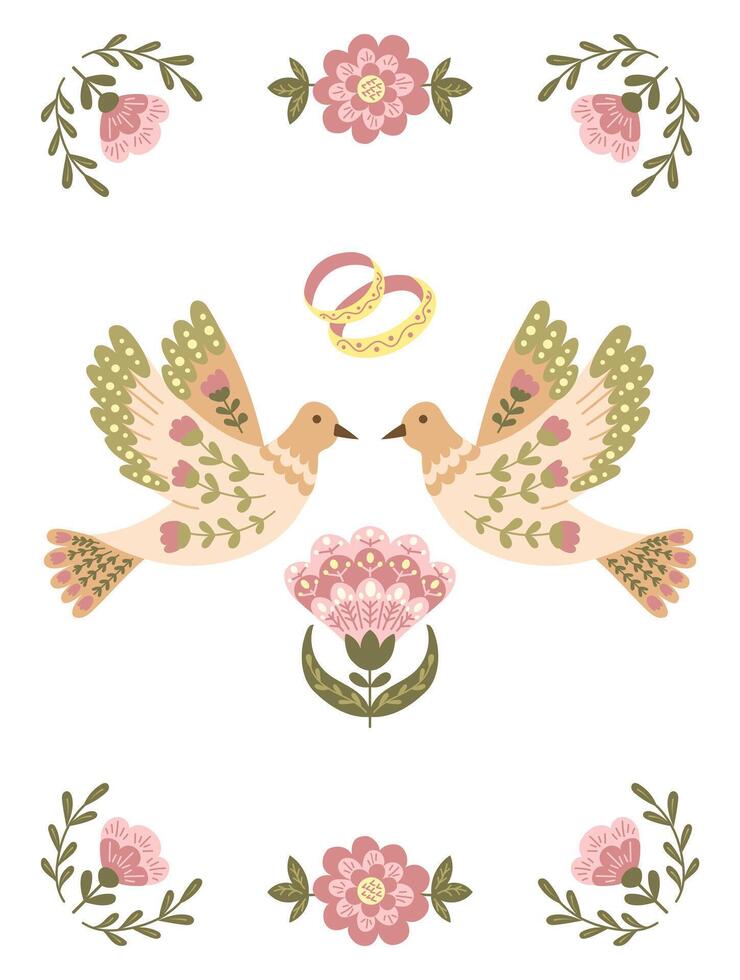Wedding invitation in flat floral folk style with birds and rings in muted colors. Botanical illustration for wedding or engagement vertical template isolated on white background vector