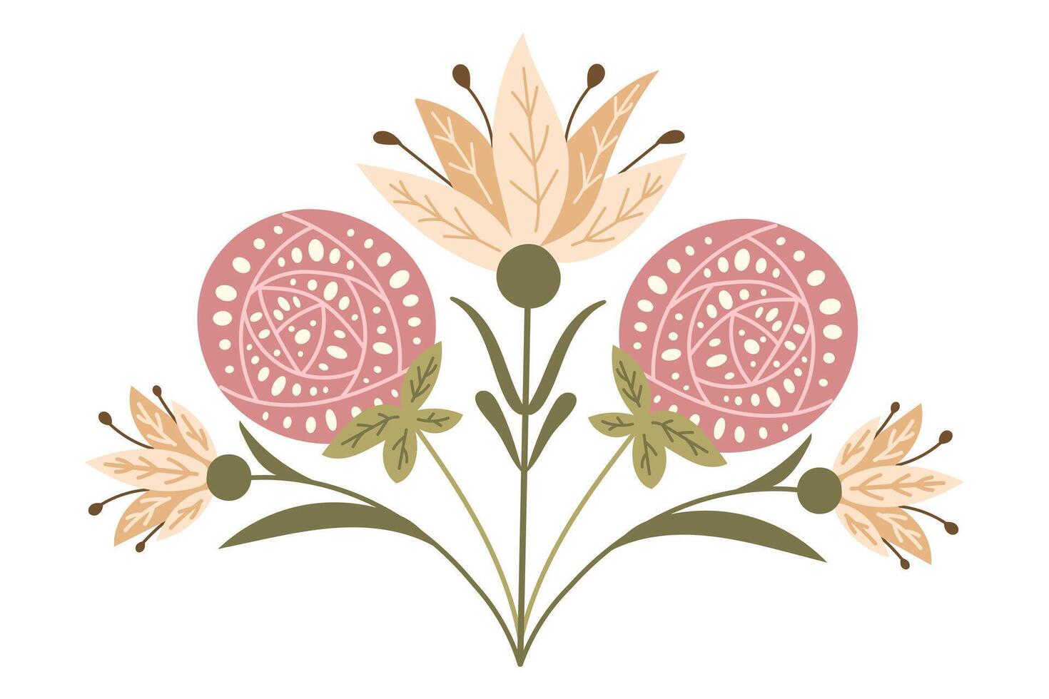 Folk symmetry floral composition with abstract flowers. hand drawn illustration in muted colors on white background. Ideal for home decor or printout vector