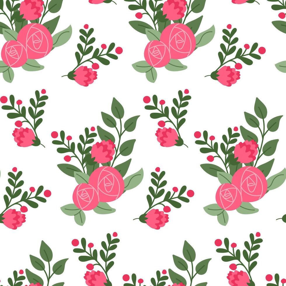 Flat seamless pattern with roses bunches. Summer floral concept. Trendy botanical print design for textile or wallpaper. hand drawn plants isolated on white background vector