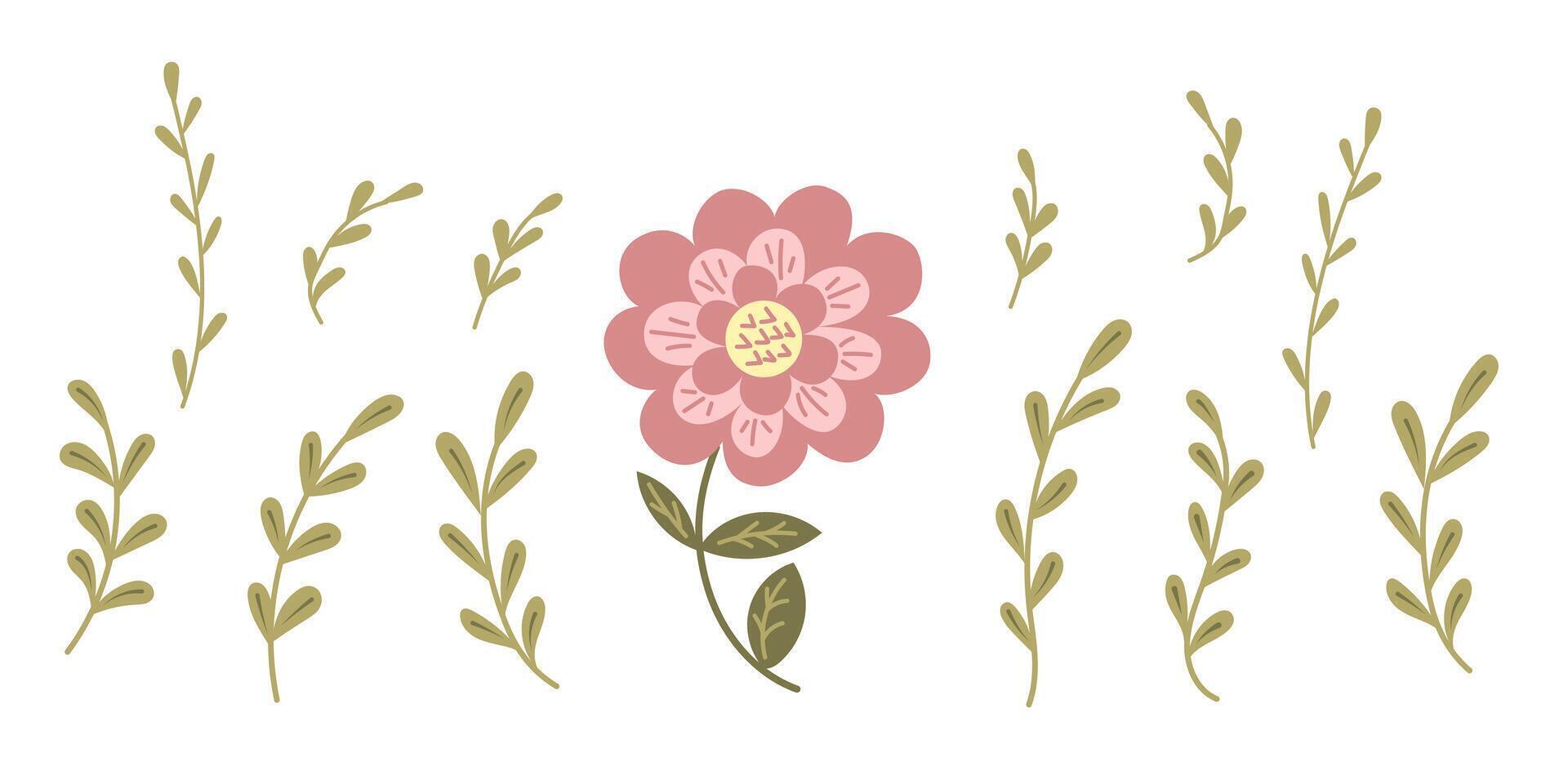 Flat fantasy set with flower and branches in folk style. hand drawn botanical drawings in muted colors isolated on white background. Decorative set of elements in boho style vector