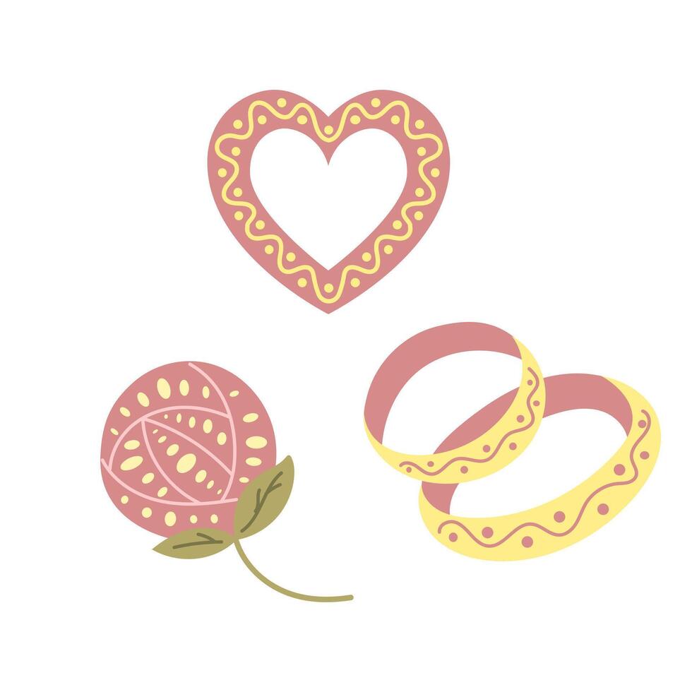 Flat wedding items in stylized folk style isolated on white background. hand drawn drawings in muted colors. Decorative set of elements in boho style. Ideal for decor, printout, decoration vector