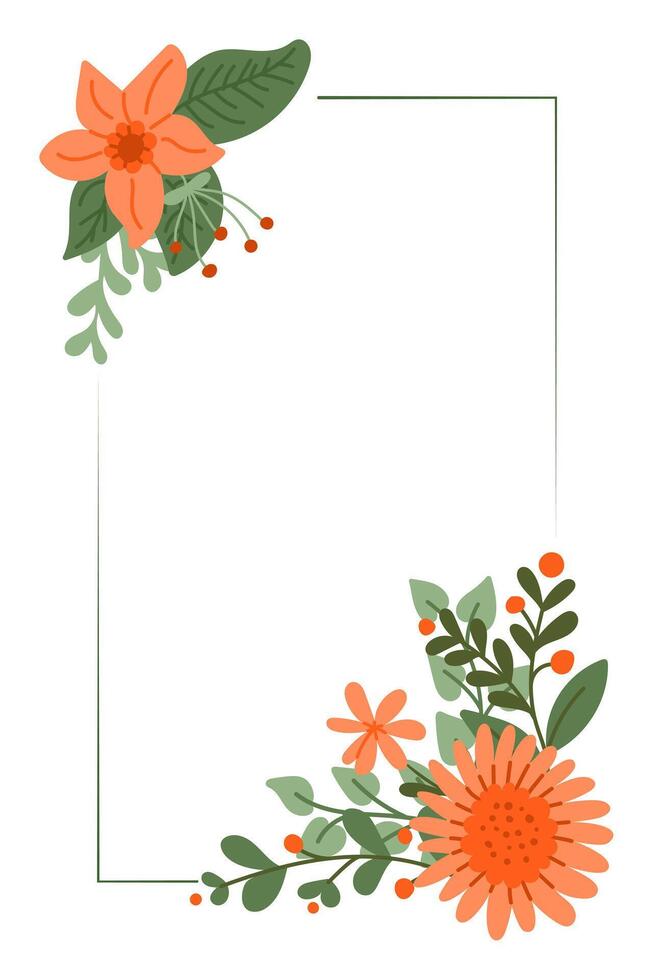 Vertical floral greeting card in flat simple style. Modern abstract hand drawn flowers isolated on white background. Template for wedding, anniversary and birthday digital card or banner. vector