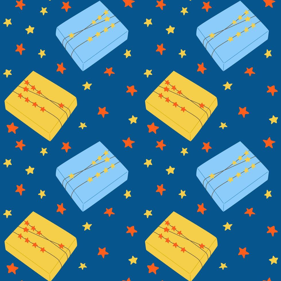 Flat seamless pattern with wrapped gift boxes and stars on blue background. Seamless pattern for a gift on fabric or paper for friends and family for Christmas and New Year or Birthday vector