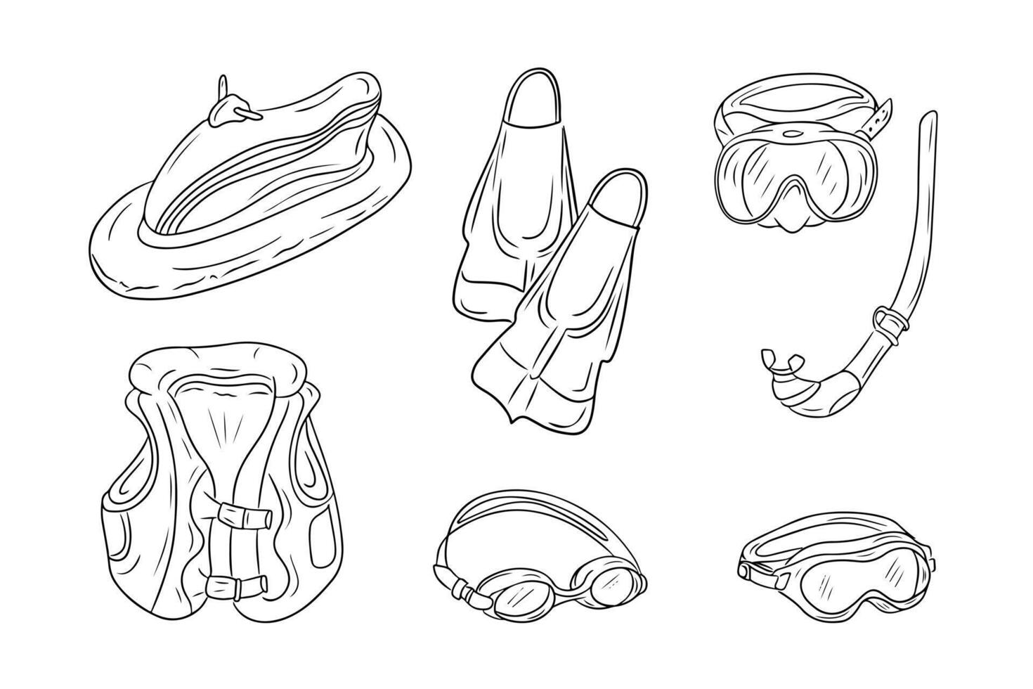 Set of scuba diving elements in doodle style. Clip art of things for summer vacation. Monochrome outline illustration isolated on white background vector