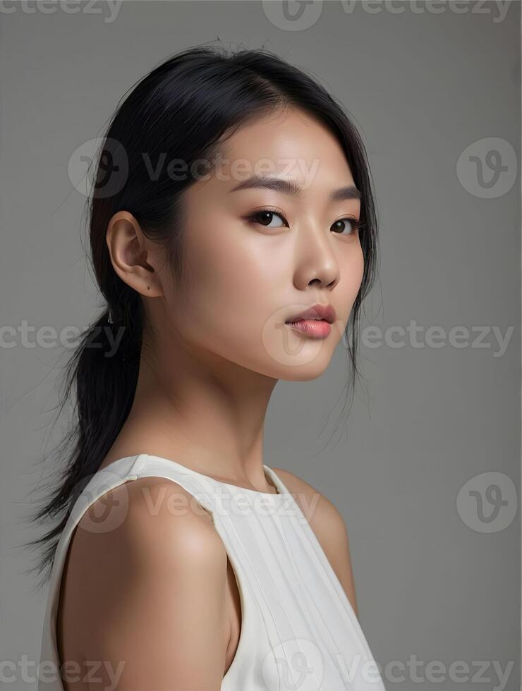 Beautiful young asian woman with clean fresh skin, on gray background photo