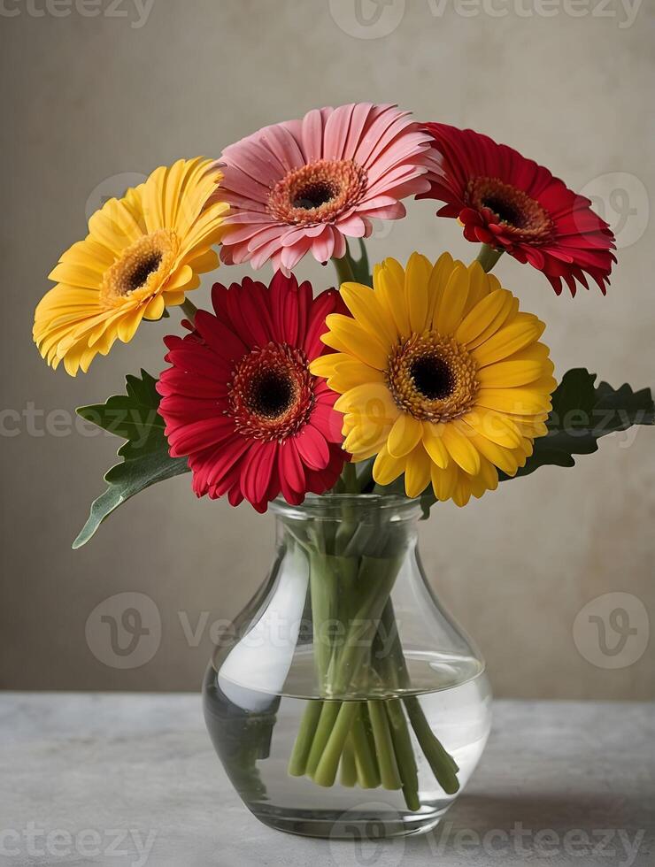 Bouquet of gerbera flowers in a glass vase. photo