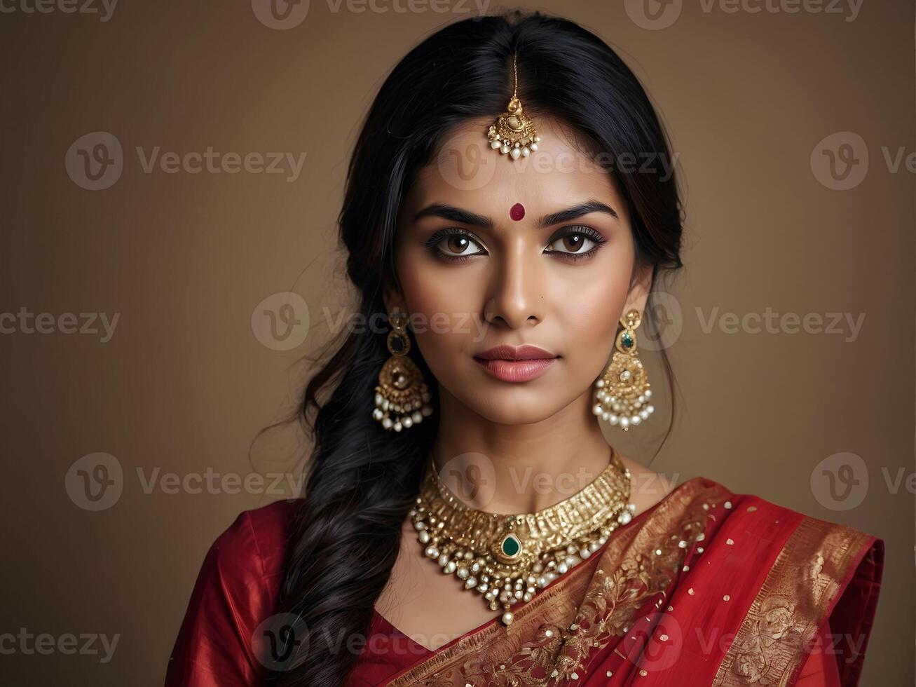 hermosa indio mujer en tradicional sari, joyería y pendientes foto