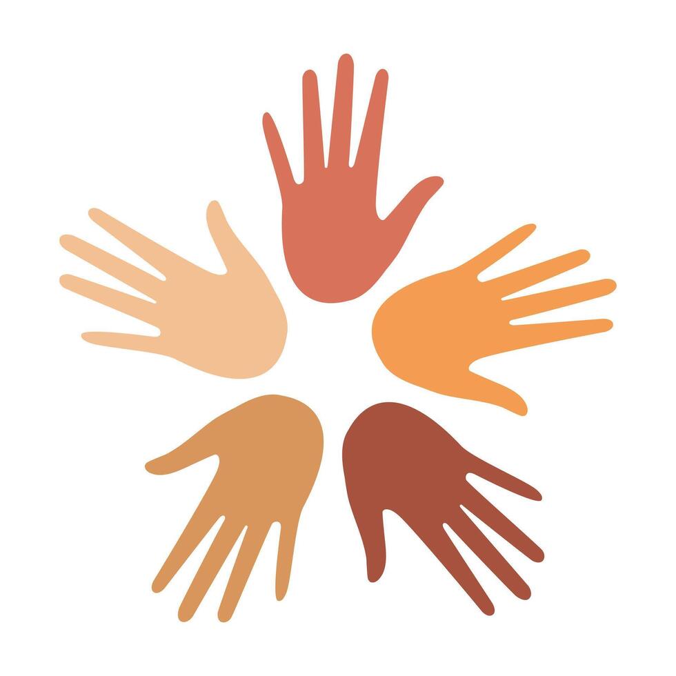 Hands palms of multiethnic people arranged in a circle on a white background. vector