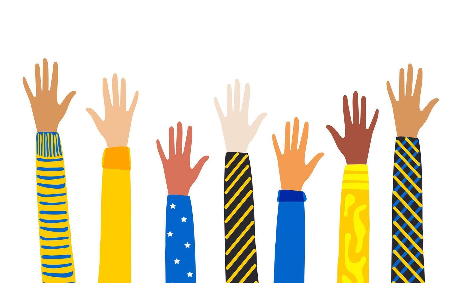 Hands of people with different skin colors, different nationalities and religions. Activists, feminists and other communities fight for equality. vector