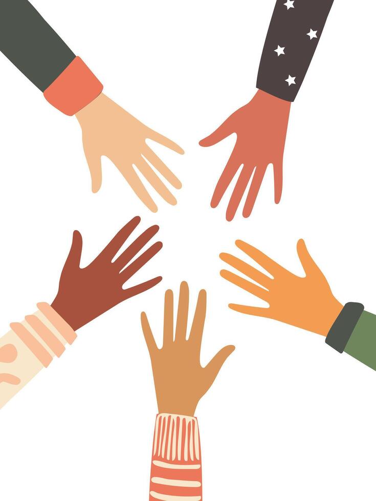 Hands of people with different skin colors, different nationalities and religions. Activists, feminists and other communities fight for equality. vector