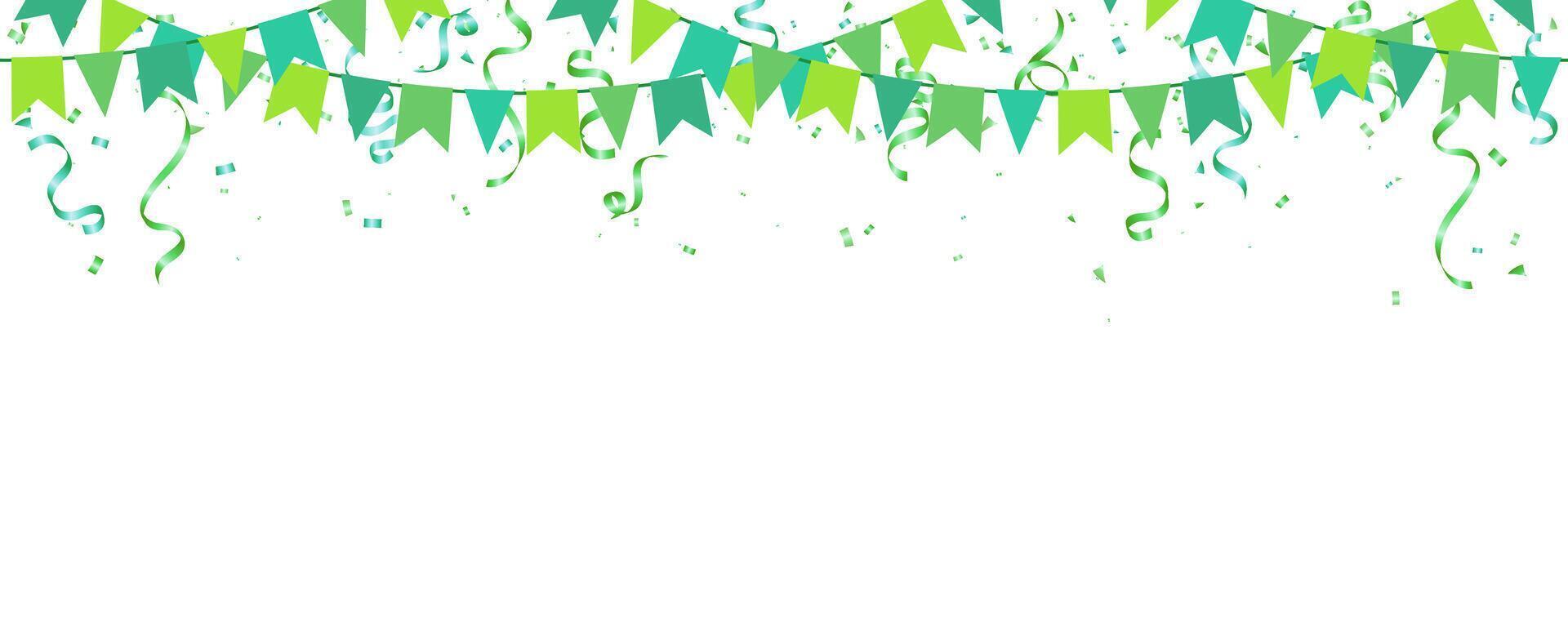 celebration party banner with green garland flag and confetti background. greeting card design vector