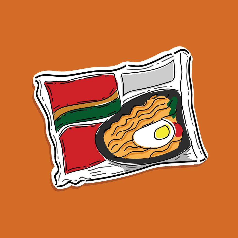 Cartoon illustration of Indonesian Popular Instant Noodle. Served with Sunny Side Egg, Tomato, Cucumber, and chilli. A pack of Indonesian instant stir-fried noodle vector