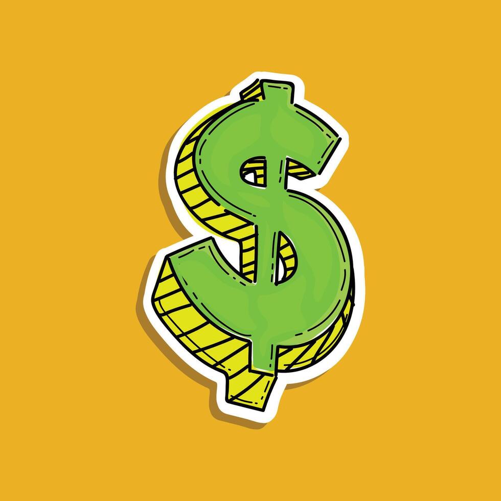 Dollar sign illustration handwrite isolated in a yellow background, sticker style illustration design vector