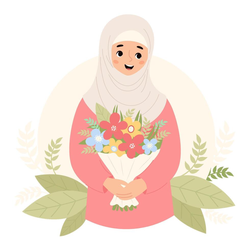 Cute islamic woman in hijab with bouquet of flowers. Festive happy female ethnic muslim character. illustration in cartoon flat style vector