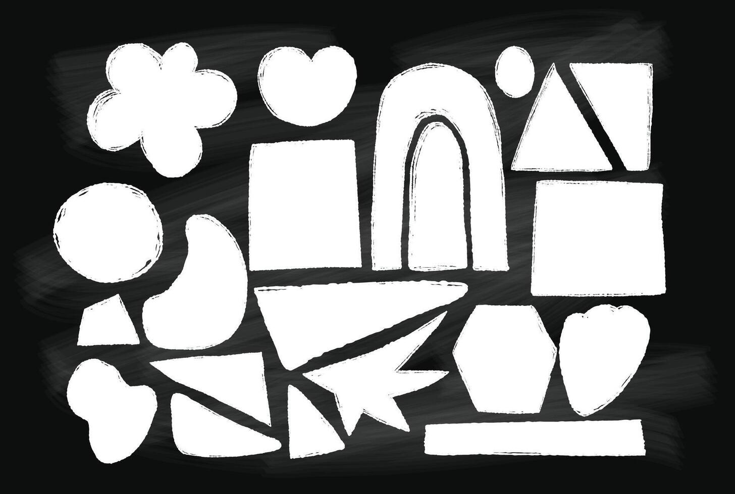 Texture white chalk geometric shapes and stains on black chalkboard background. Isolated hand drawn doodles. illustration . vector