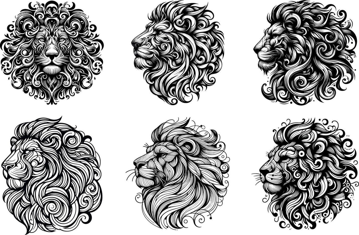 Wild Lion Head Tattoo Collection Illustrations Predator Face Abstract black and white Lineart Sketches vector